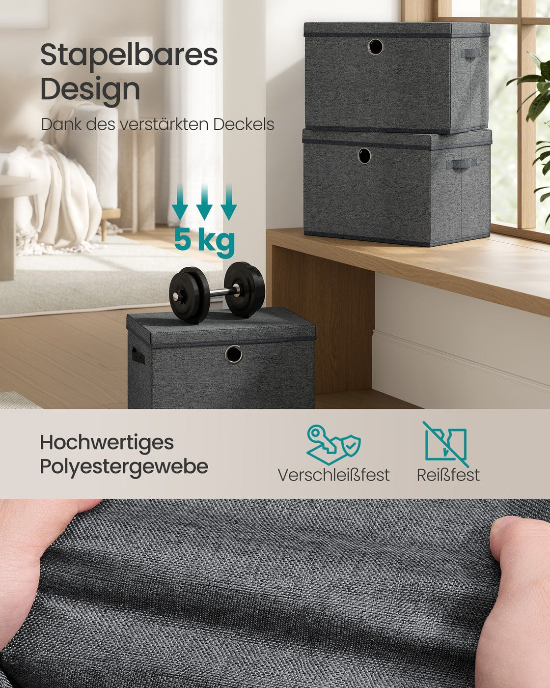 Opbergdozen - 43 x 30 x 30 cm - Set van 3 - Leigrijs - Maximale draagkracht per doos 5 kg