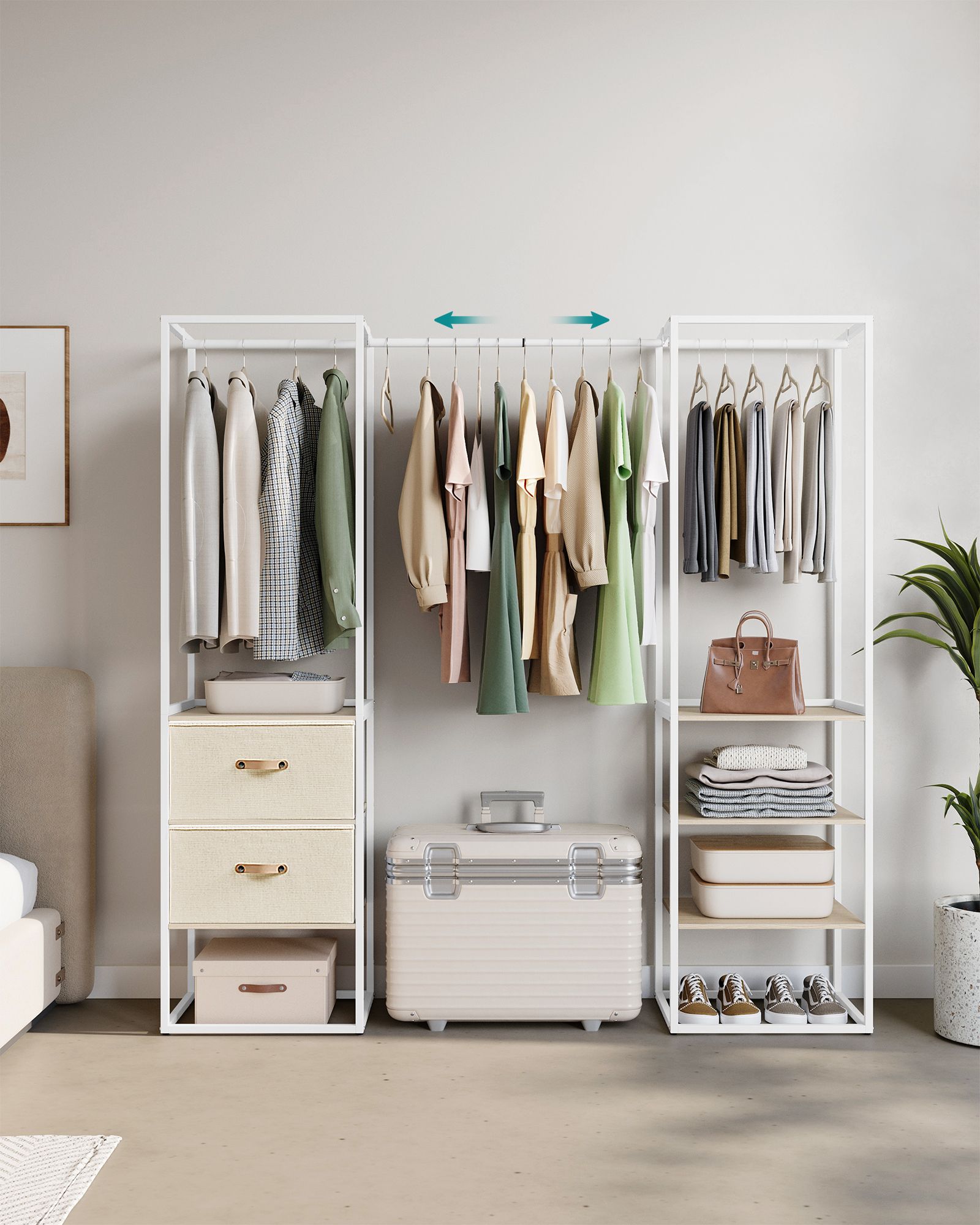 Klädställ – med 2 lådor – stål – naturbeige