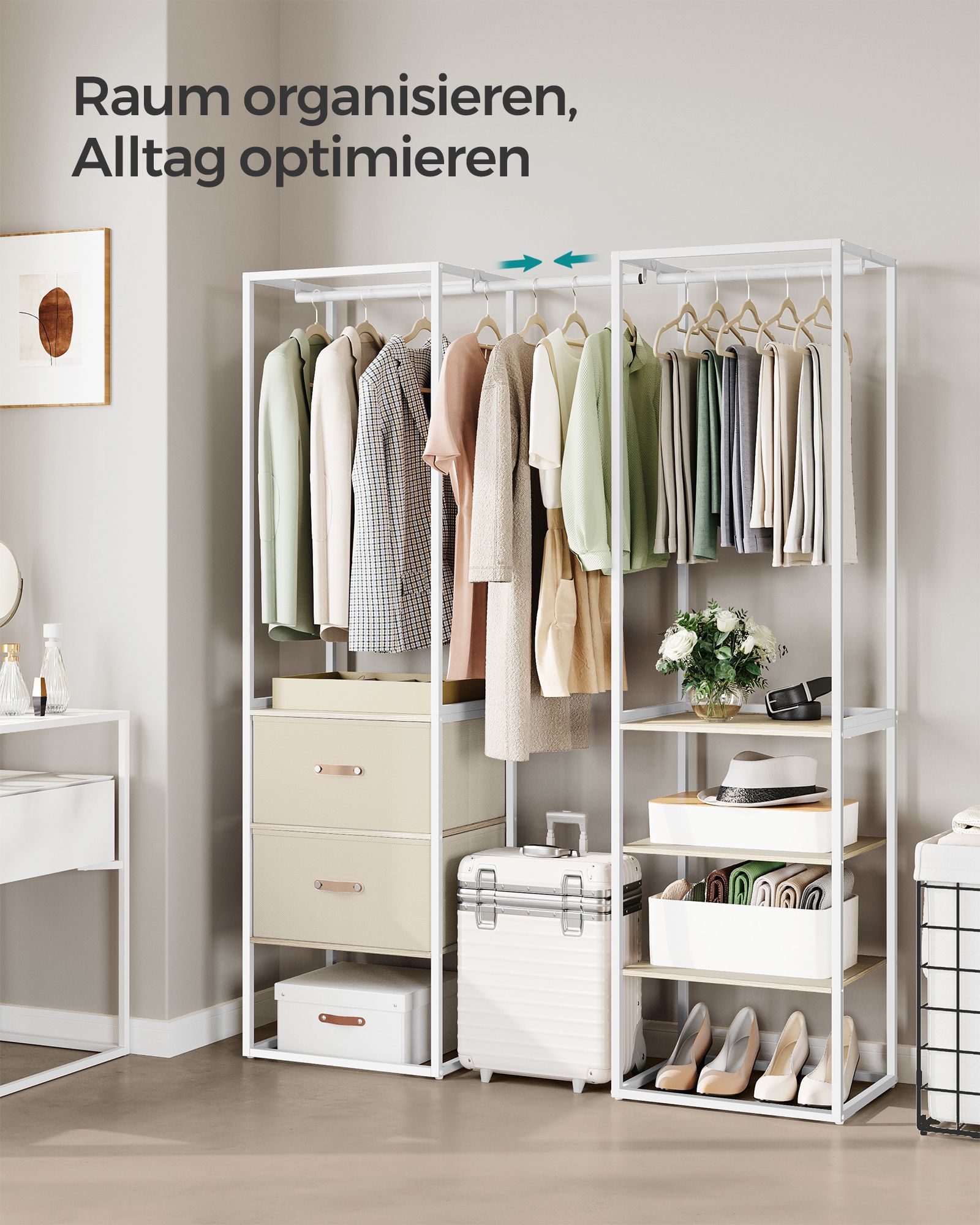 Klädställ – med 2 lådor – stål – naturbeige