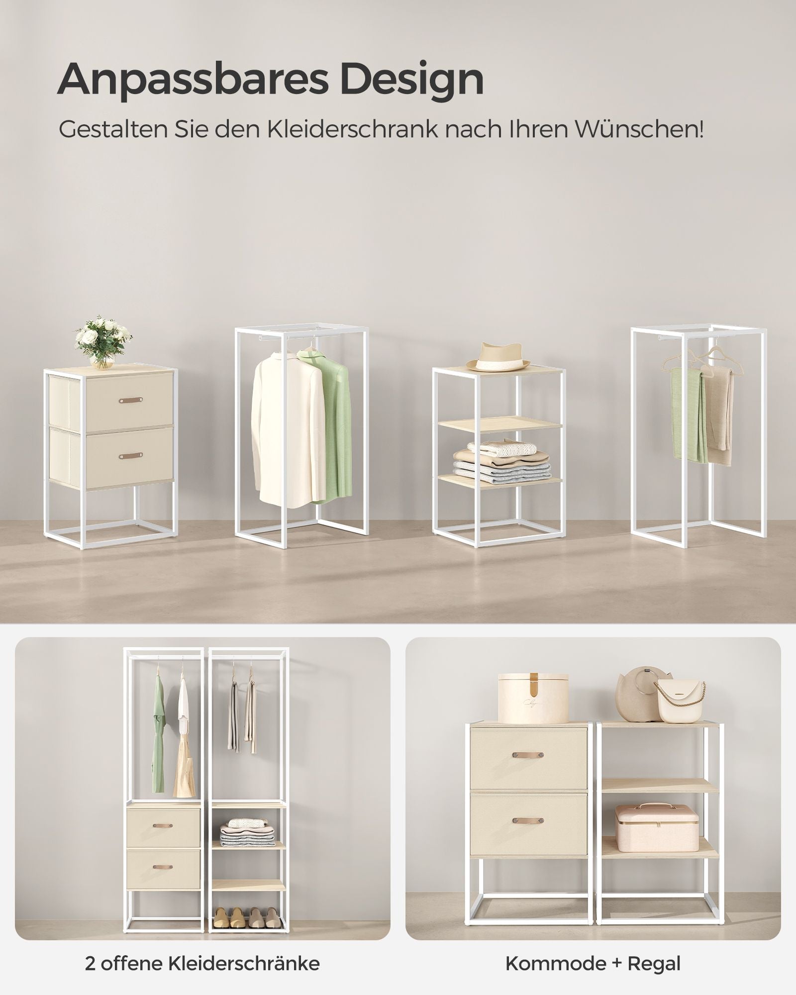 Klädställ – med 2 lådor – stål – naturbeige