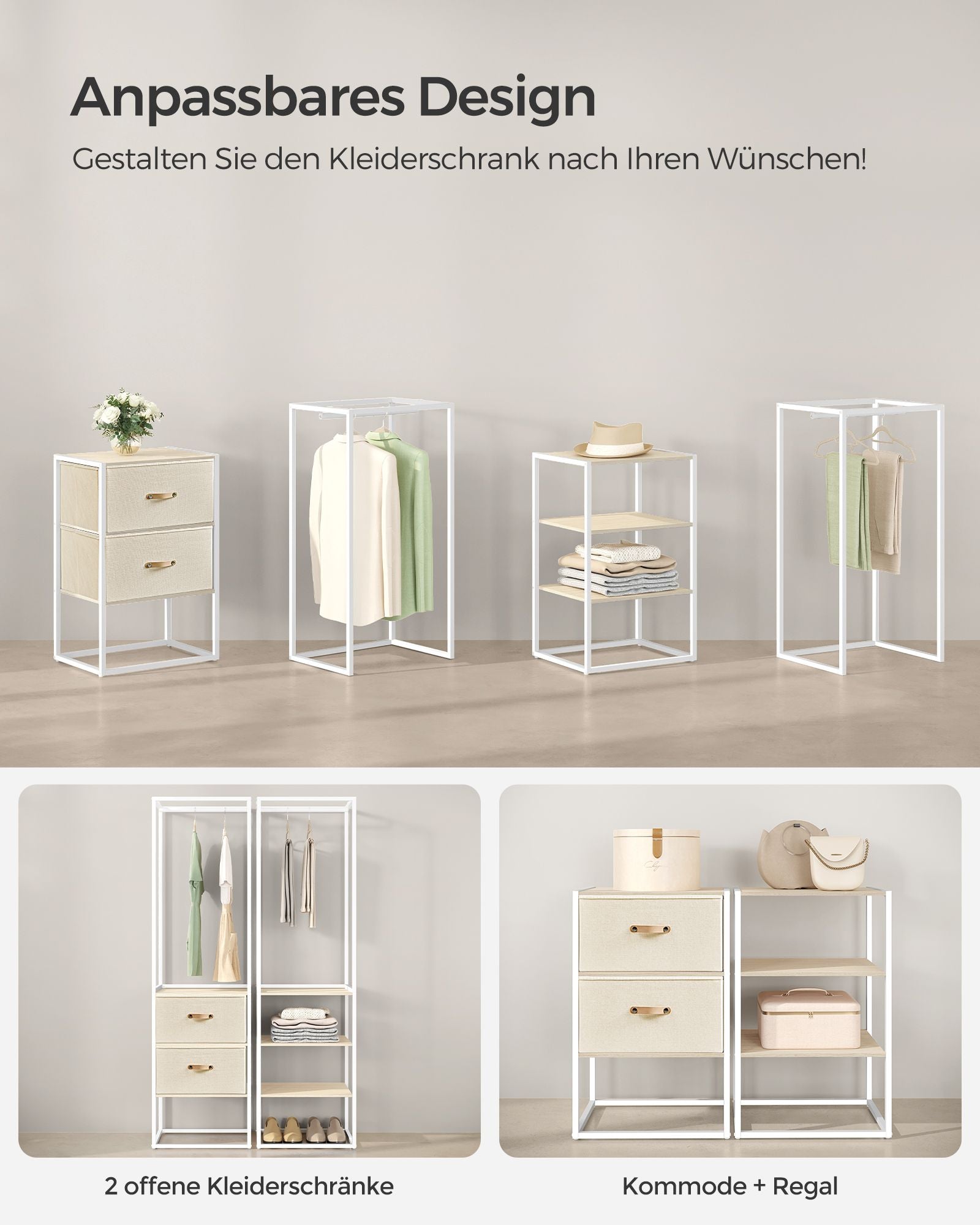 Klädställ – med 2 lådor – stål – naturbeige