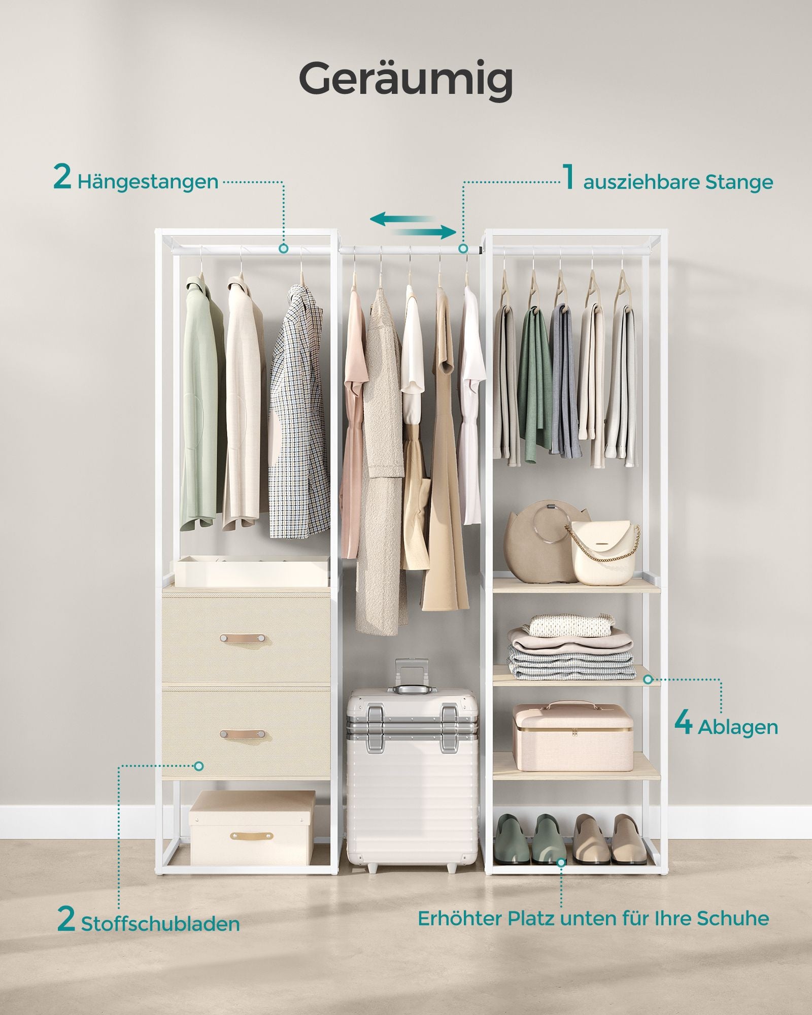 Klädställ – med 2 lådor – stål – naturbeige