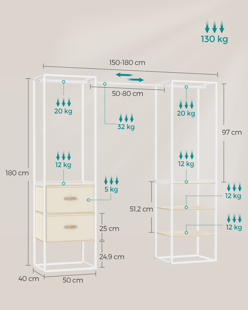 Klädställ – med 2 lådor – stål – naturbeige