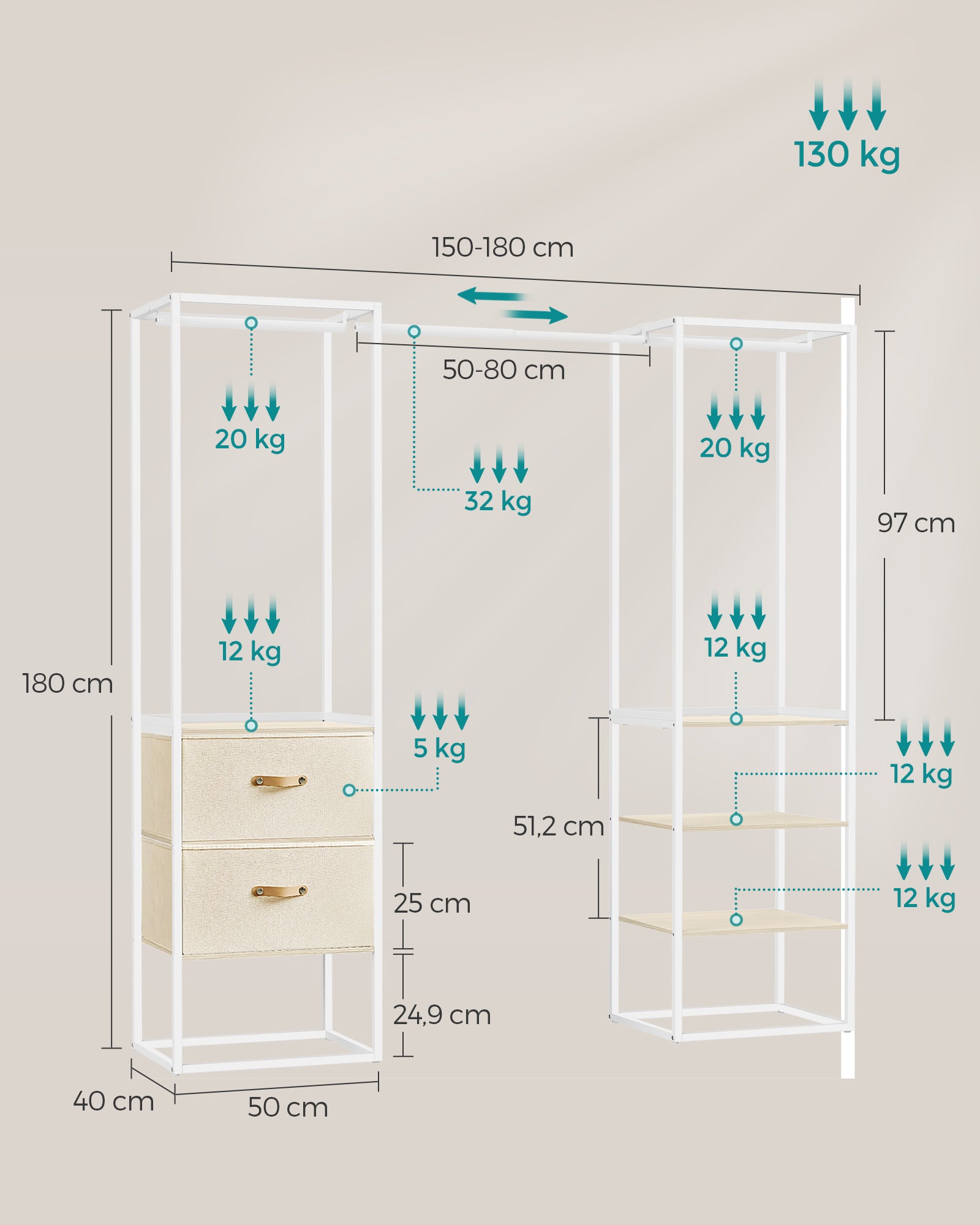 Klädställ – med 2 lådor – stål – naturbeige