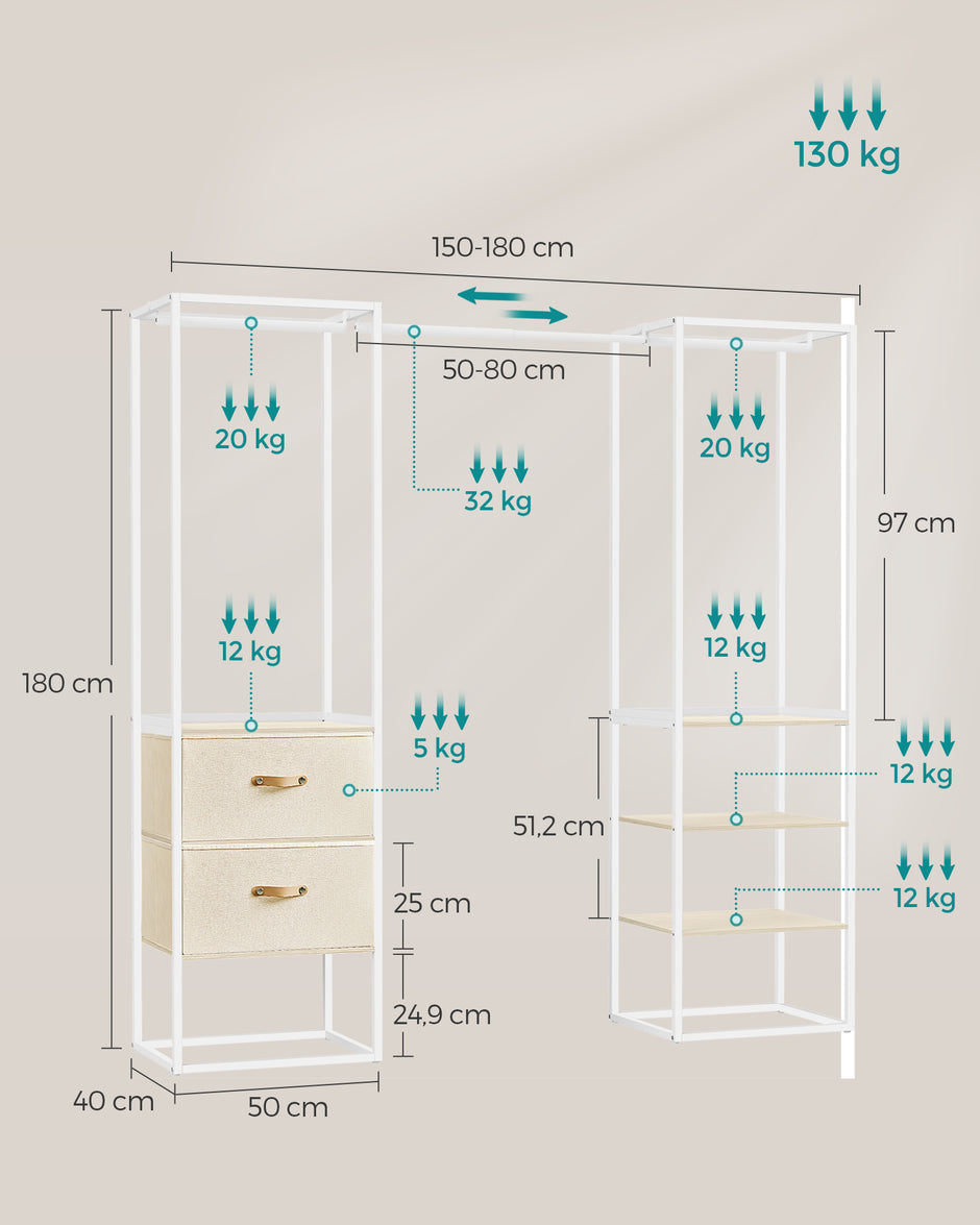 Klädställ – med 2 lådor – stål – naturbeige