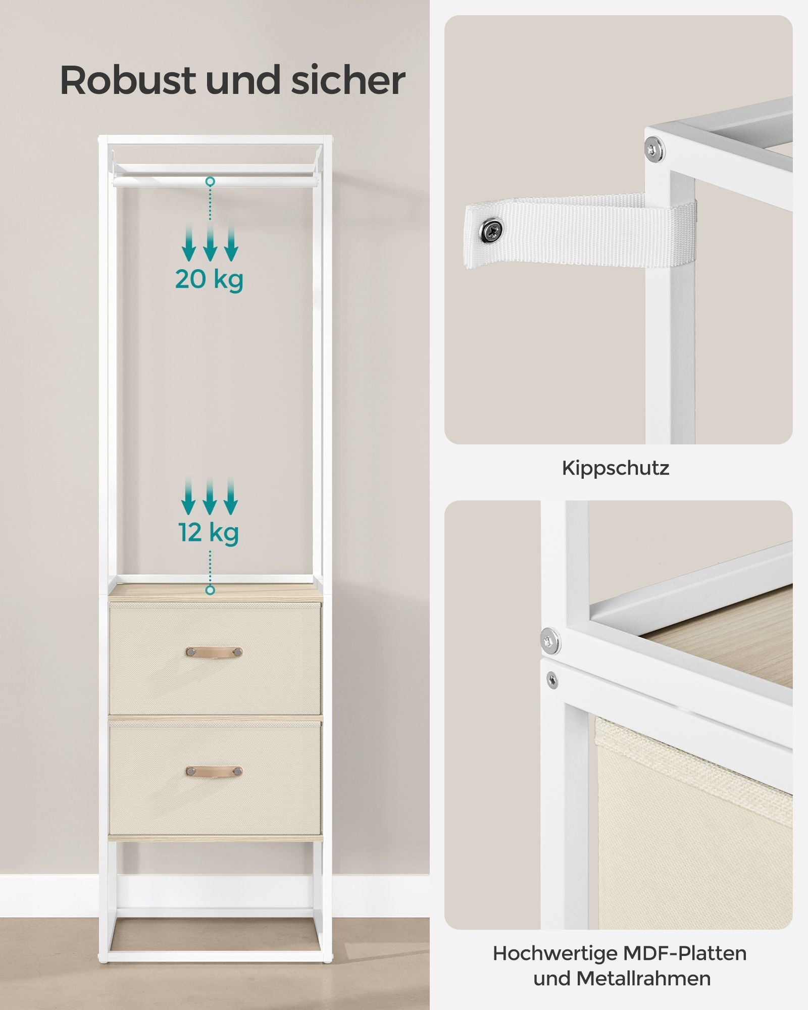 Klädställ – med 2 lådor – stål – naturbeige