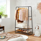 Klädställ - kappställ - garderob - 2 hyllor - stålram - brun/svart