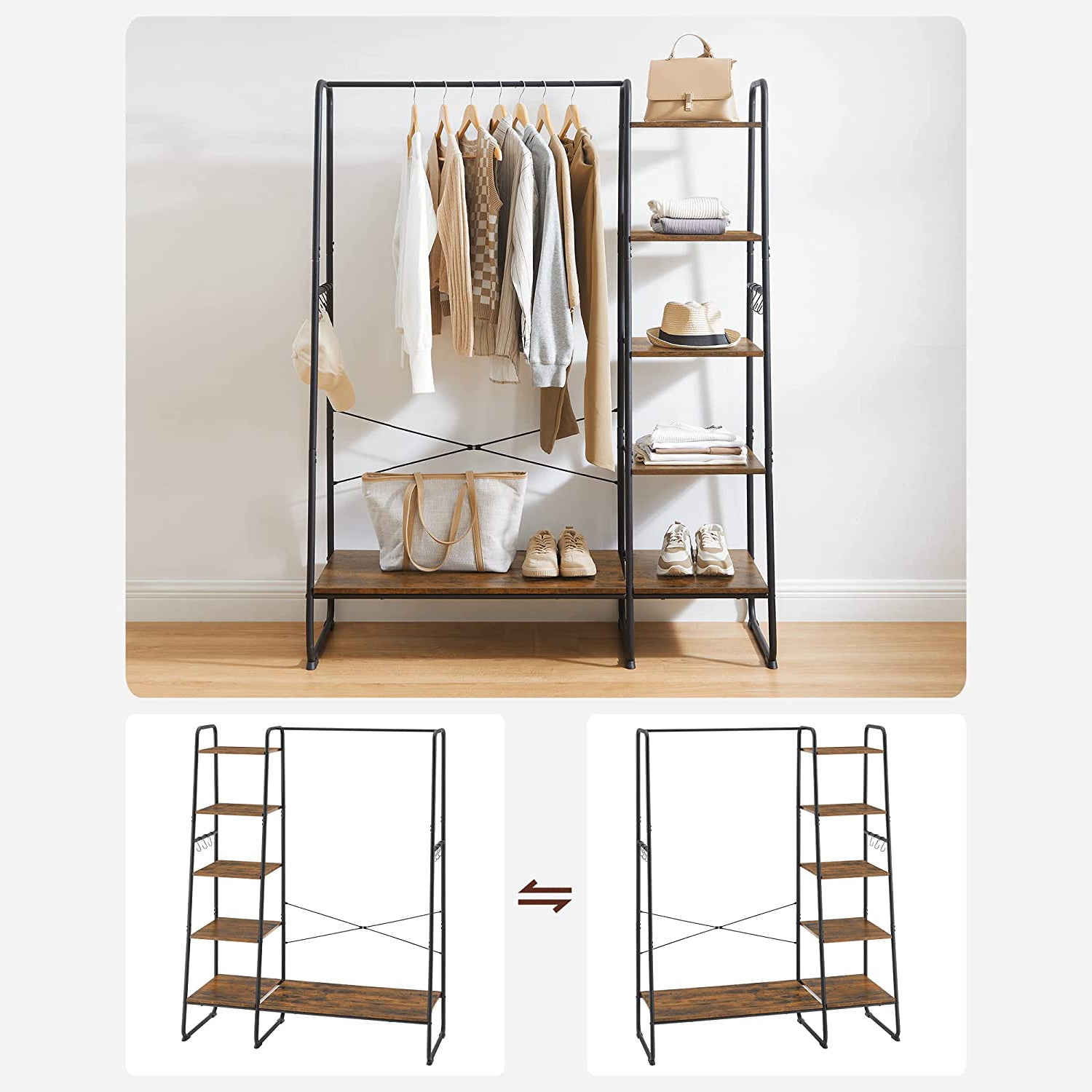 Pälsställ - 5 nivåer - med skoprack - 6 krokar - klädstång - industriell design - 45 x 120 x 160 cm