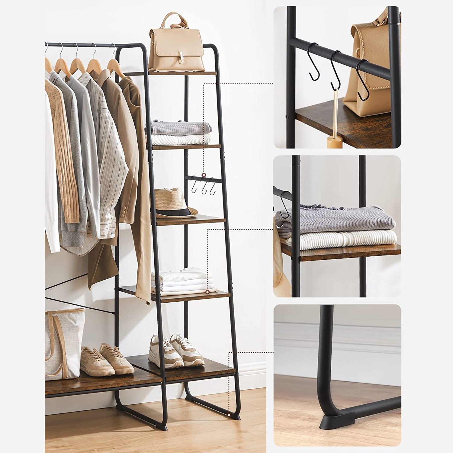 Pälsställ - 5 nivåer - med skoprack - 6 krokar - klädstång - industriell design - 45 x 120 x 160 cm