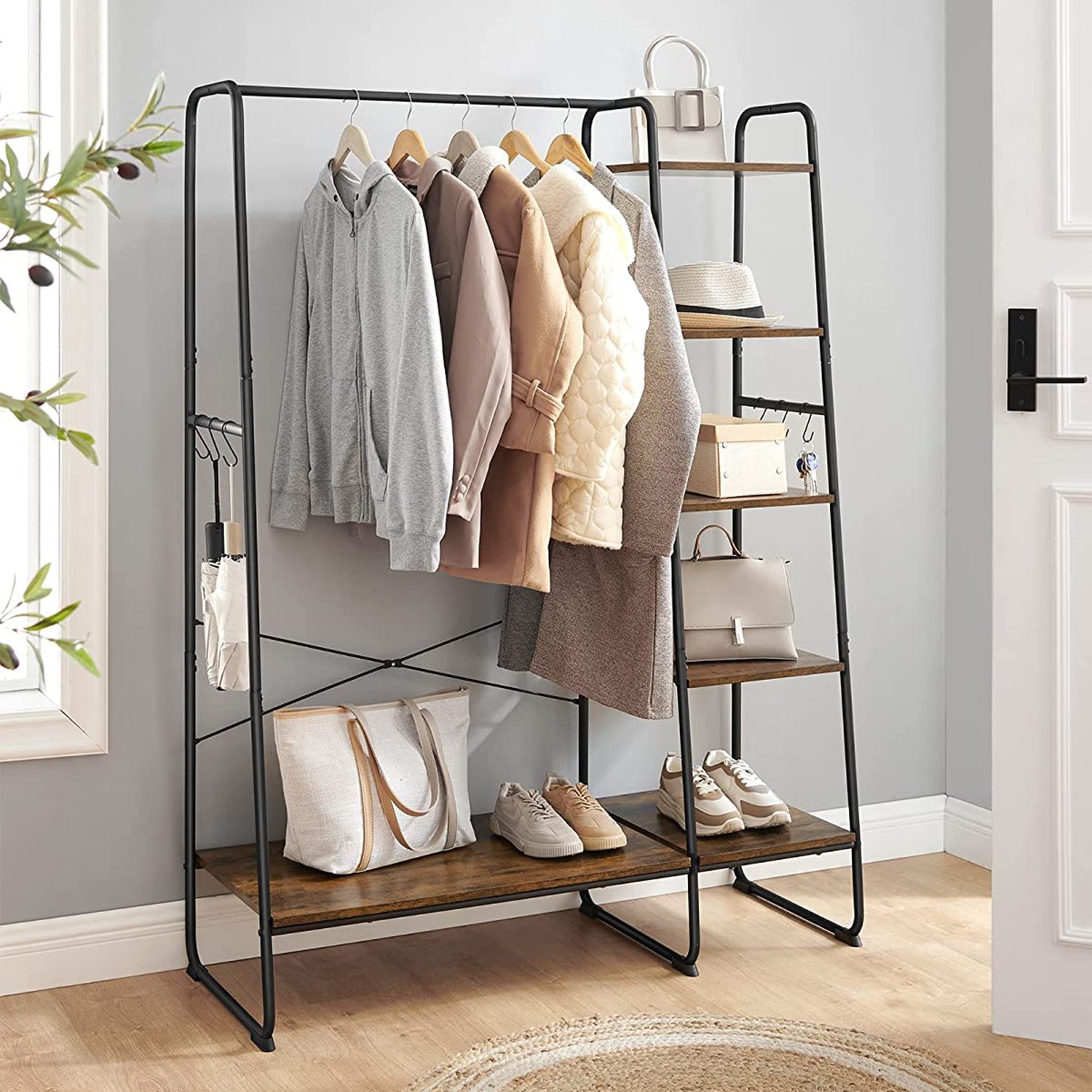 Pälsställ - 5 nivåer - med skoprack - 6 krokar - klädstång - industriell design - 45 x 120 x 160 cm