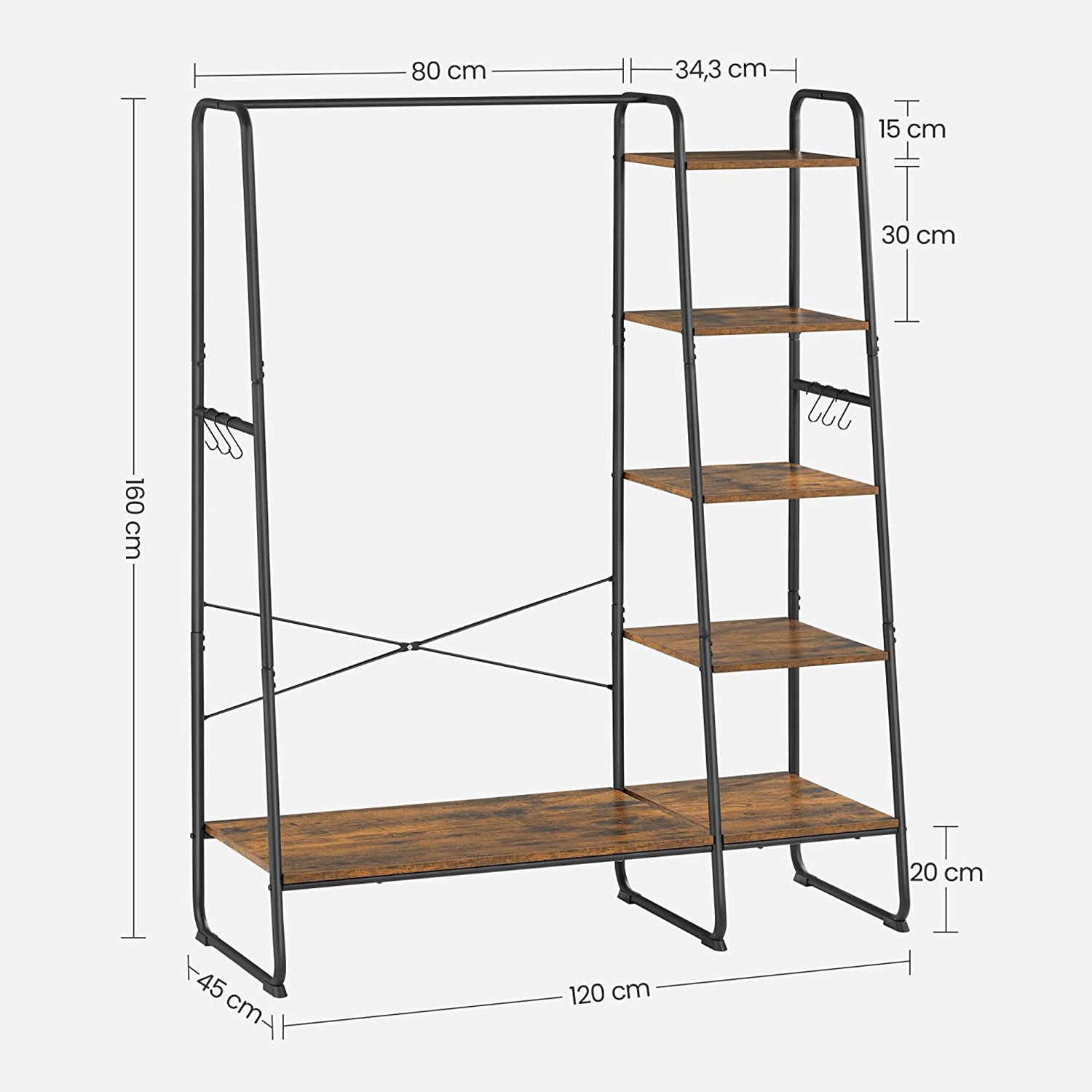 Pälsställ - 5 nivåer - med skoprack - 6 krokar - klädstång - industriell design - 45 x 120 x 160 cm