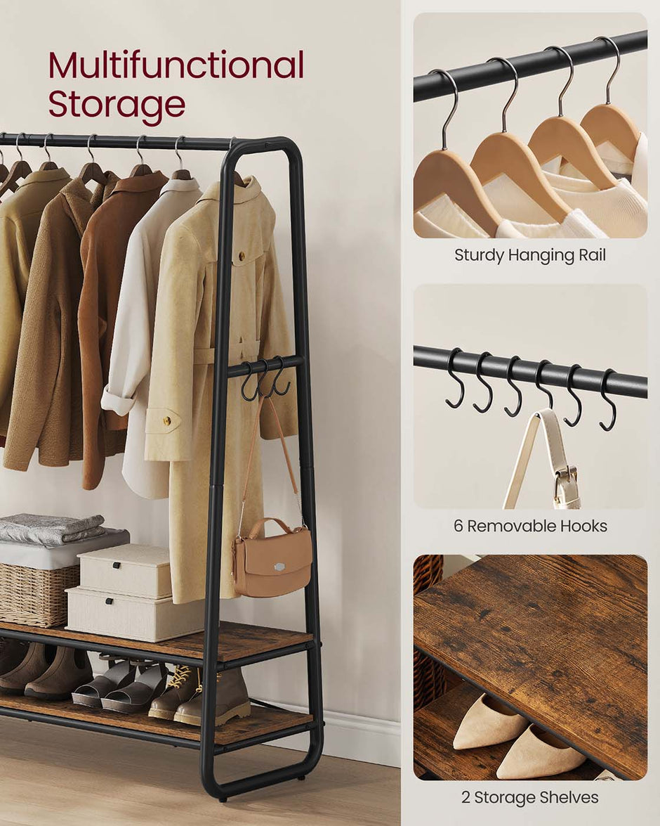 Klädställ med 2 hyllor och 6 krokar i vintage brun-svart