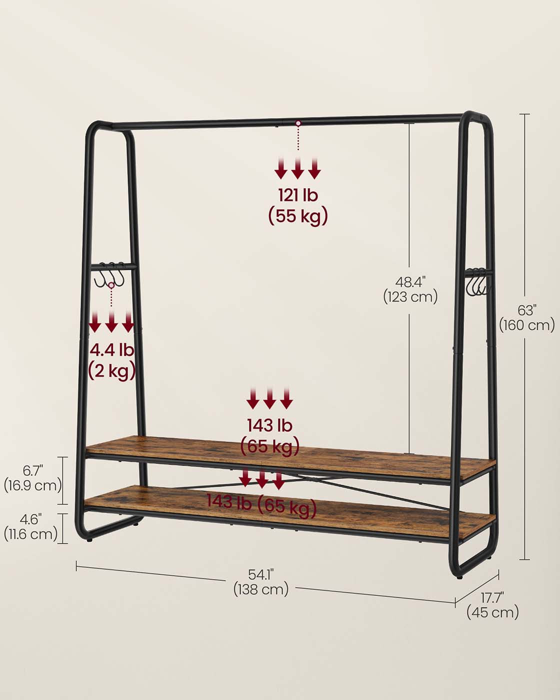Klädställ - 2 hyllor - 6 krokar