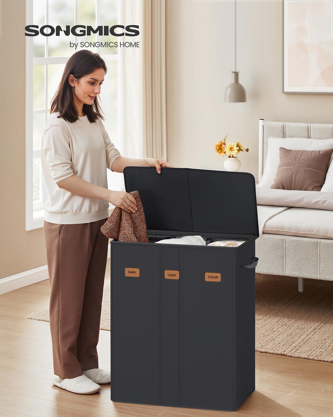 Tvättkorg - 3 fack med lock - tvättbar innerpåse - Ink Black