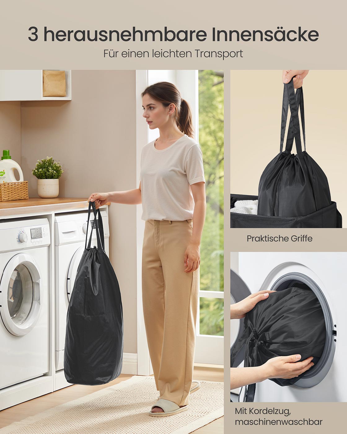 Tvättkorg - 3 fack med lock - tvättbar innerpåse - Ink Black