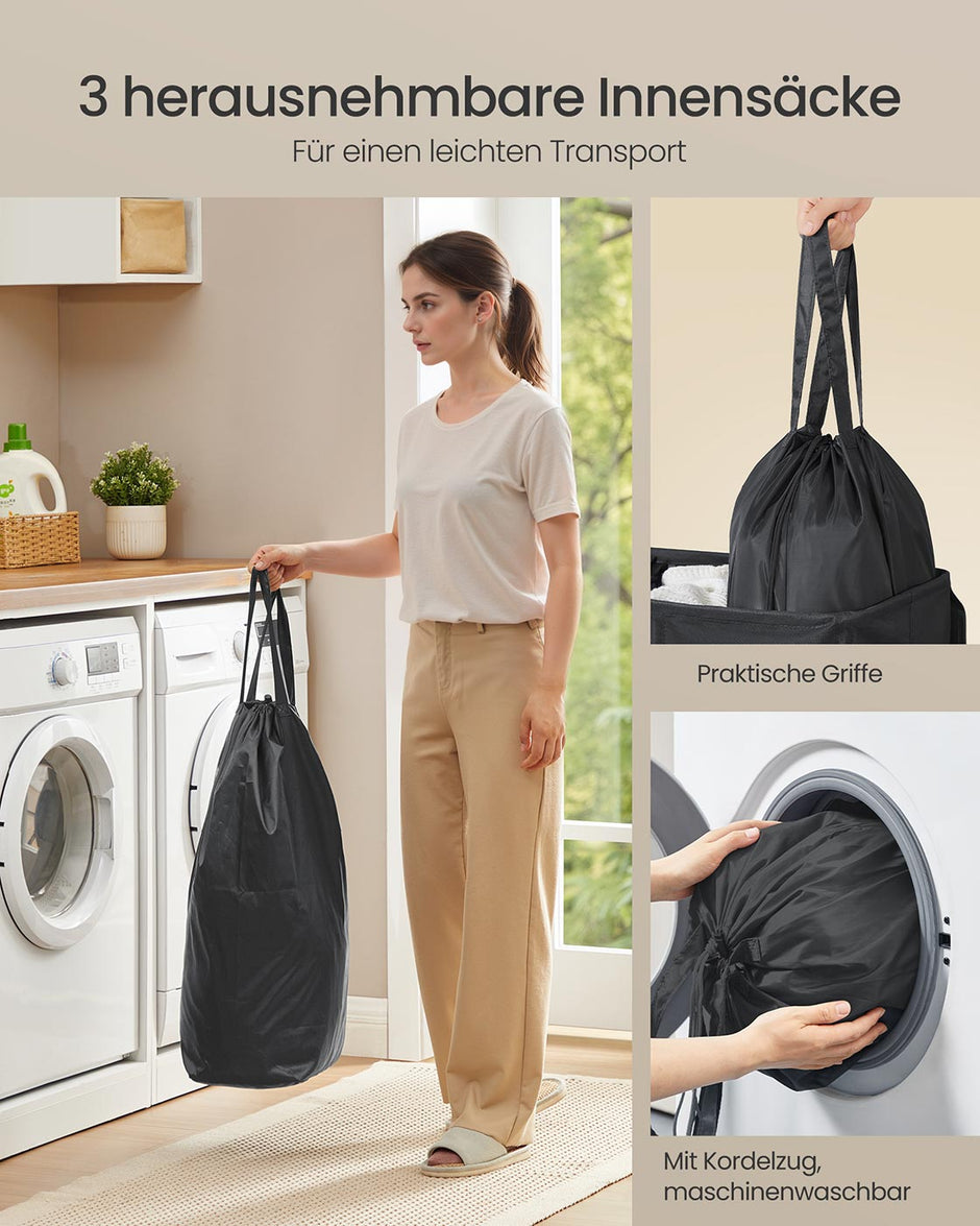 Tvättkorg - 3 fack med lock - tvättbar innerpåse - Ink Black