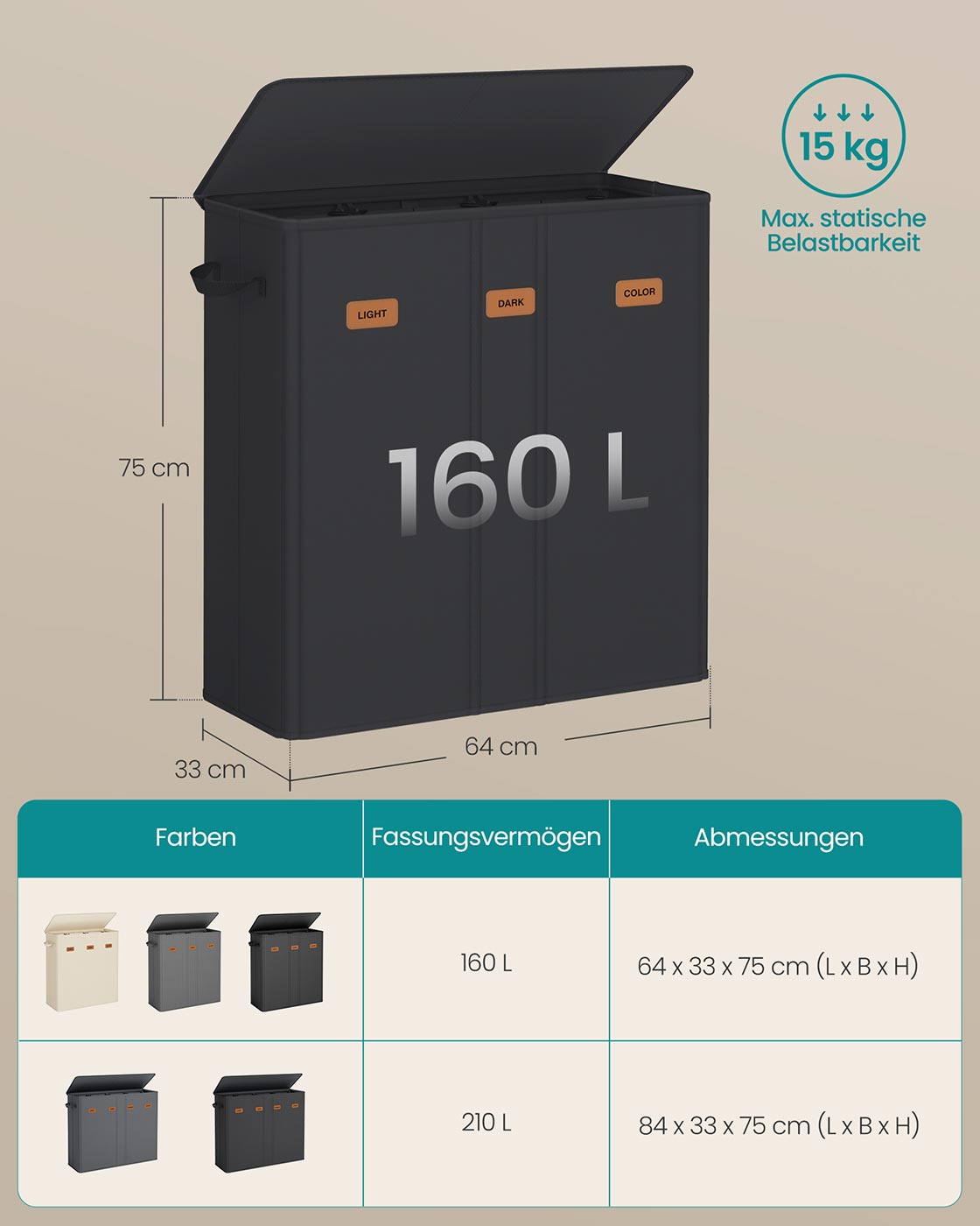 Tvättkorg - 3 fack med lock - tvättbar innerpåse - Ink Black