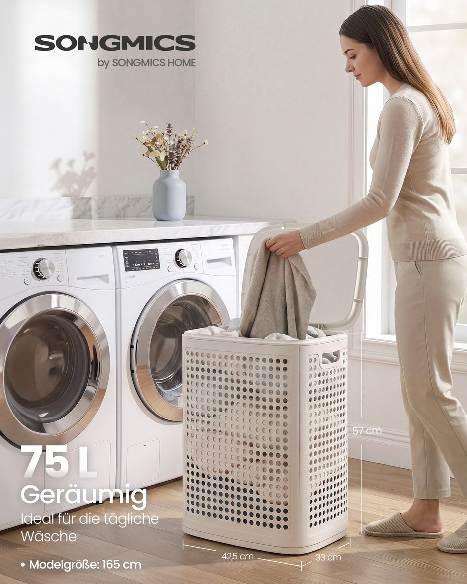 Wasmand - Met Deksel - 75 Liter - Smal - Cappuccinobeige