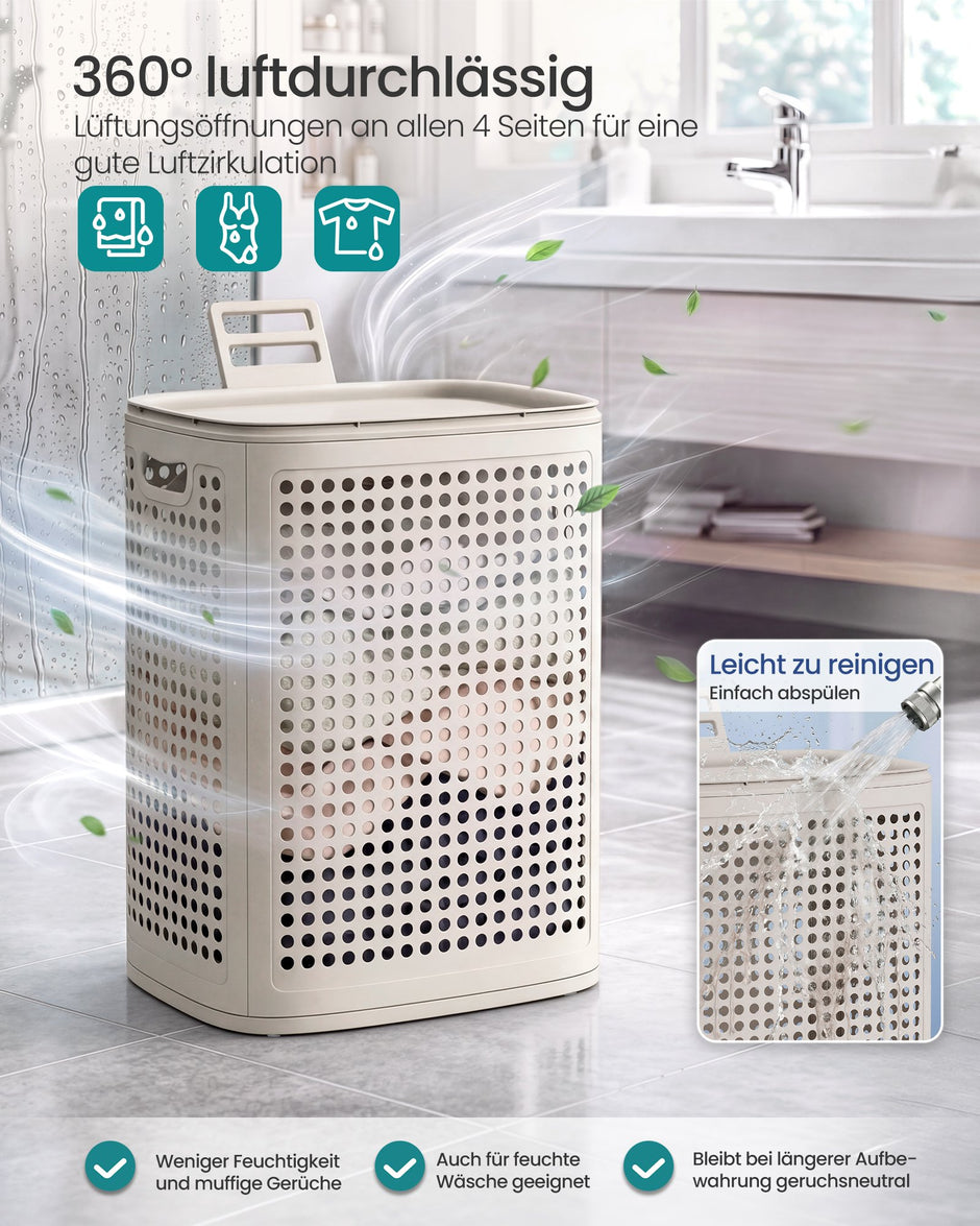 Wasmand - Met Deksel - 75 Liter - Smal - Cappuccinobeige