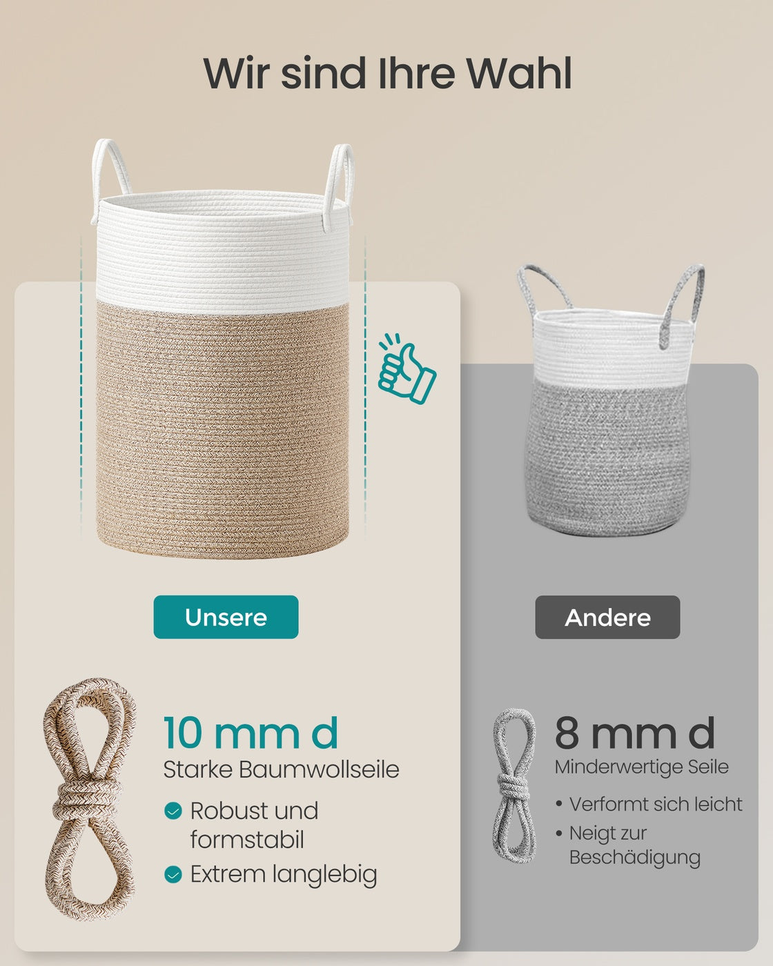 Wasmand - 40 x 40 x 60 cm - Katoenen touw - Wit-grijs-bruin - 15 kg capaciteit