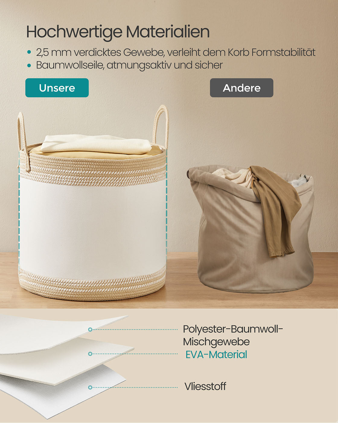 Tvättkorg 90L med lock och handtag - Platssparande - Brun