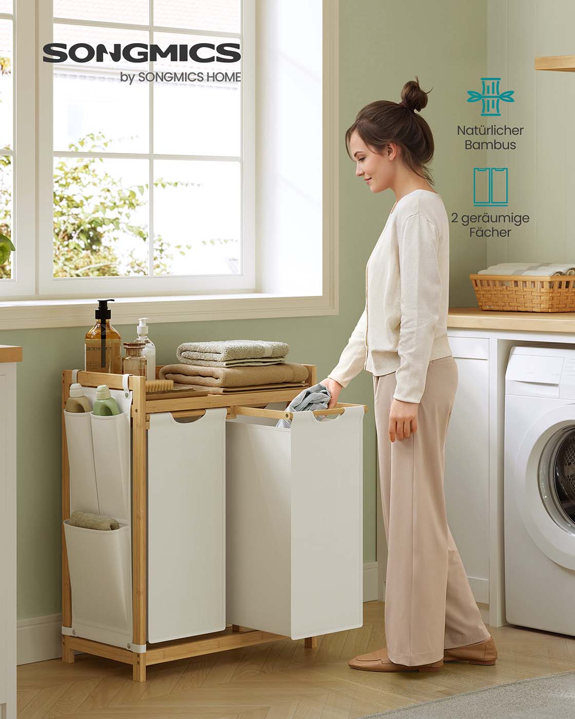 Tvättkorg 2 lådor 2 x 50 l 63 x 33 x 78 cm grädde vit