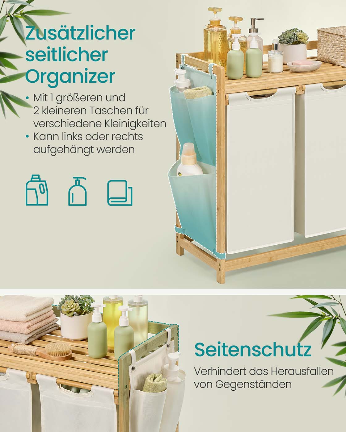 Tvättkorg 3 kurser 3 x 50 l 94 x 33 x 78 cm grädde vit
