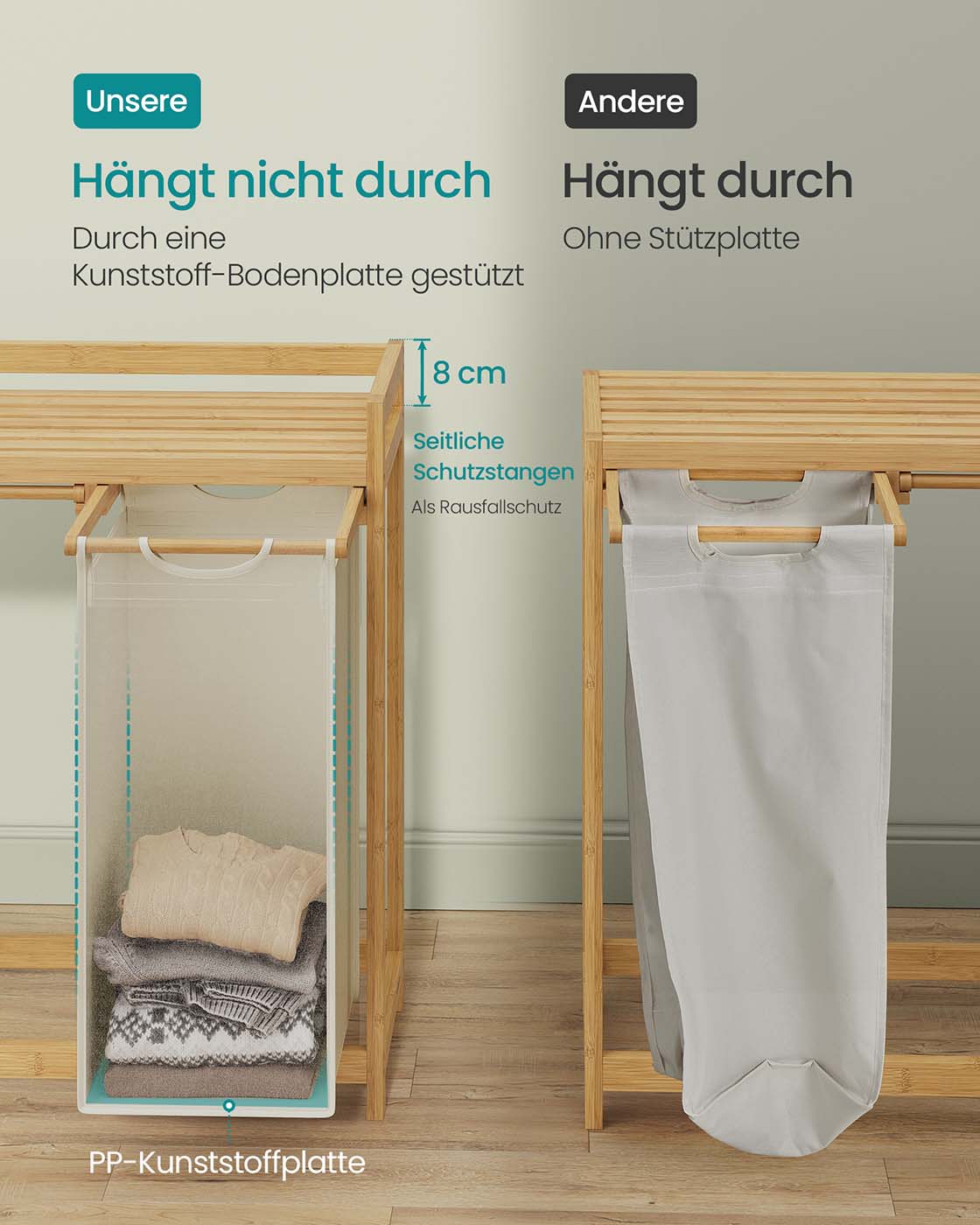 Tvättkorg 3 kurser 3 x 50 l 94 x 33 x 78 cm grädde vit