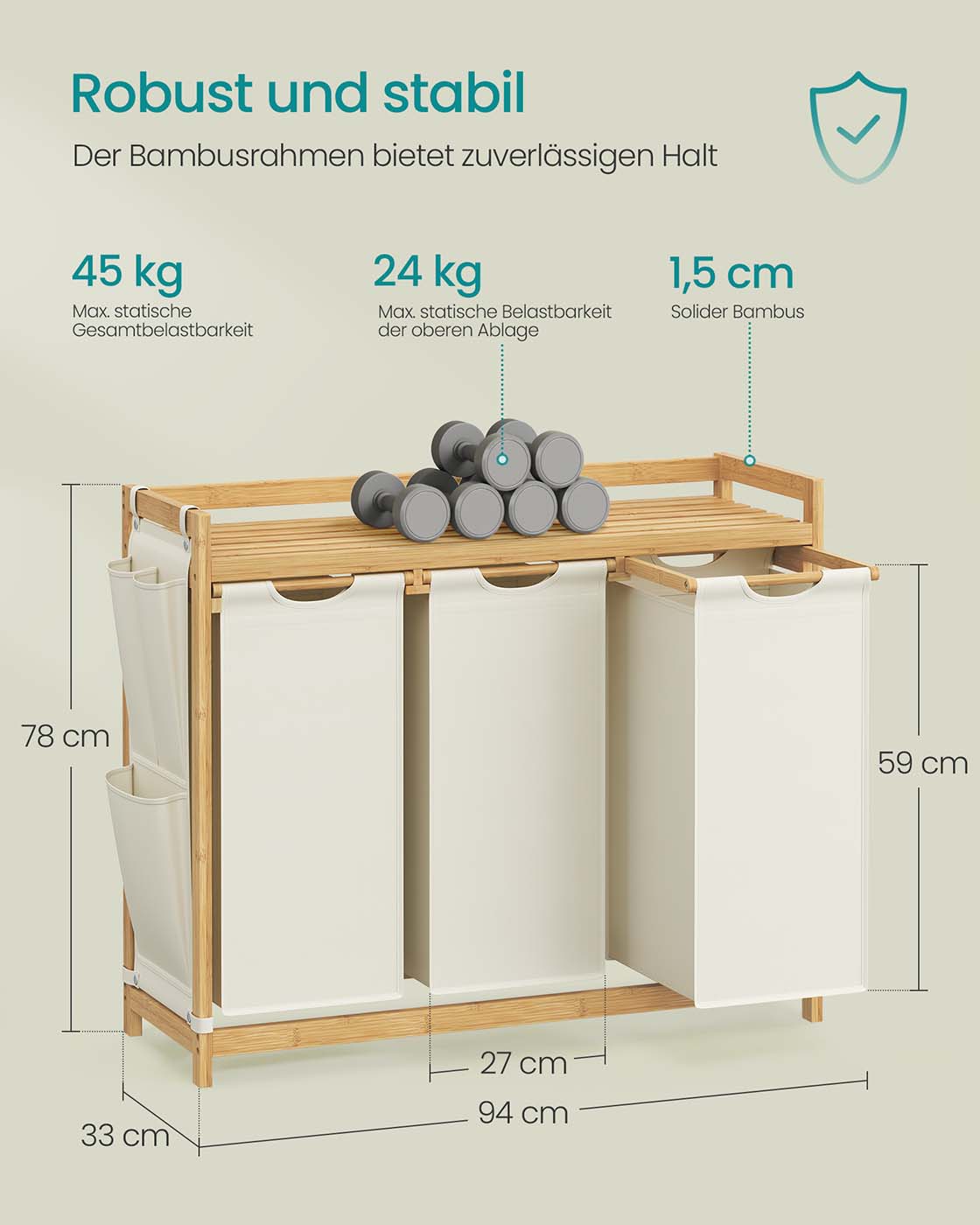 Tvättkorg 3 kurser 3 x 50 l 94 x 33 x 78 cm grädde vit