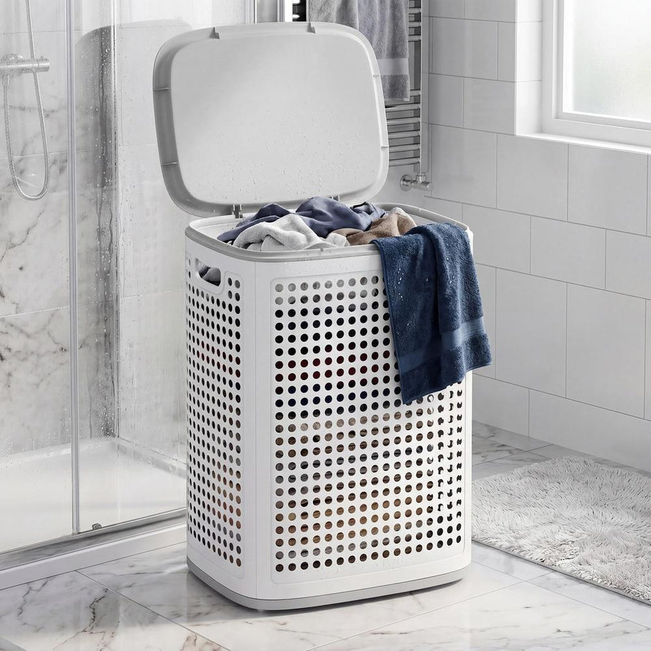 Wasmand - Met Deksel - 75 Liter - Smal - Witgrijs