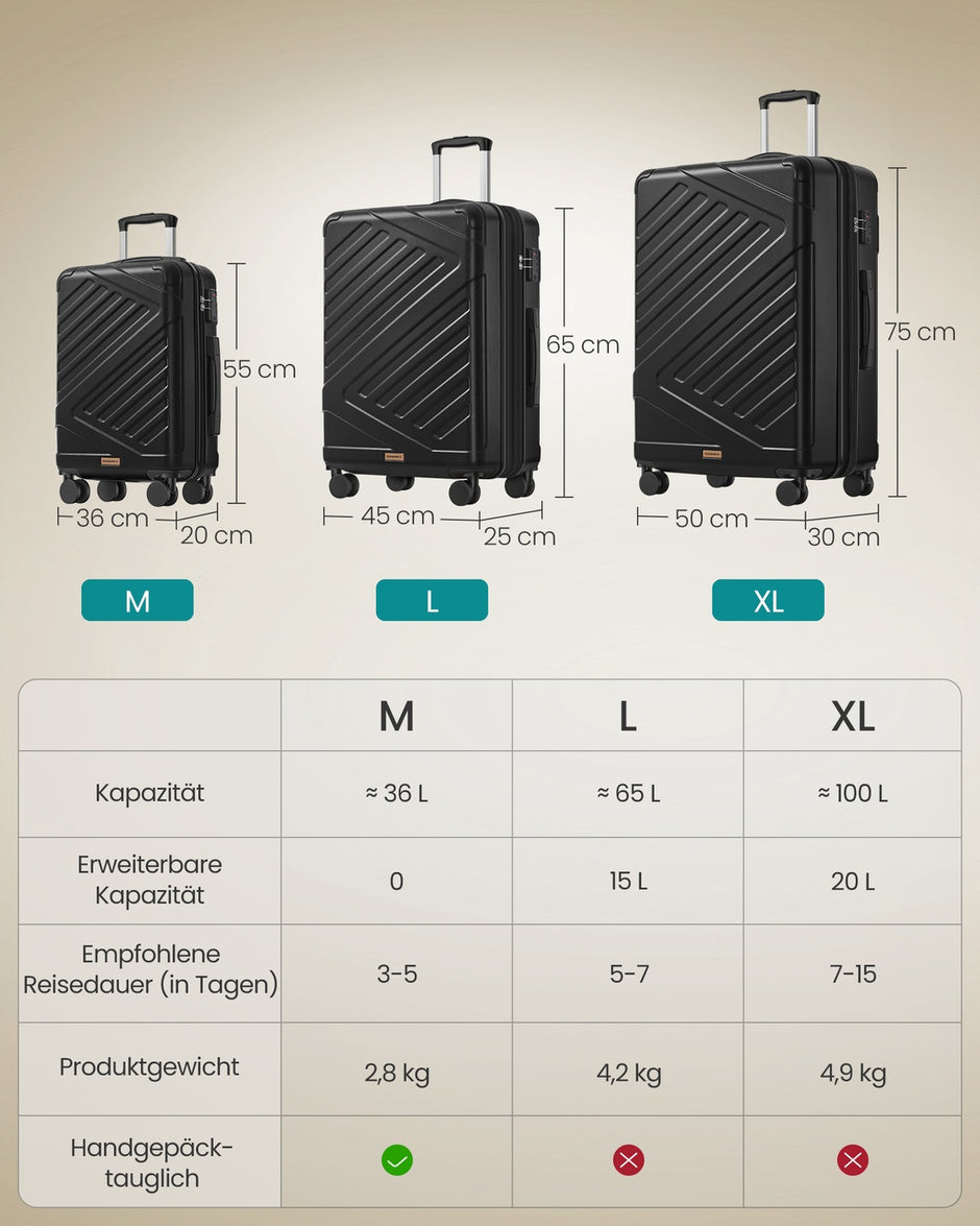 Koffers - Maat M 55 x 36 x 20 cm, 8 kg draagvermogen, Inktzwart - Maat L 65 x 45 x 25 cm, 15 kg draagvermogen, Inktzwart - Maat XL 75 x 50 x 30 cm, 18 kg draagvermogen, Inktzwart - Harde koffers met TSA-slot - Materiaal: ABS, PA, PP, PVC, polyester, staal