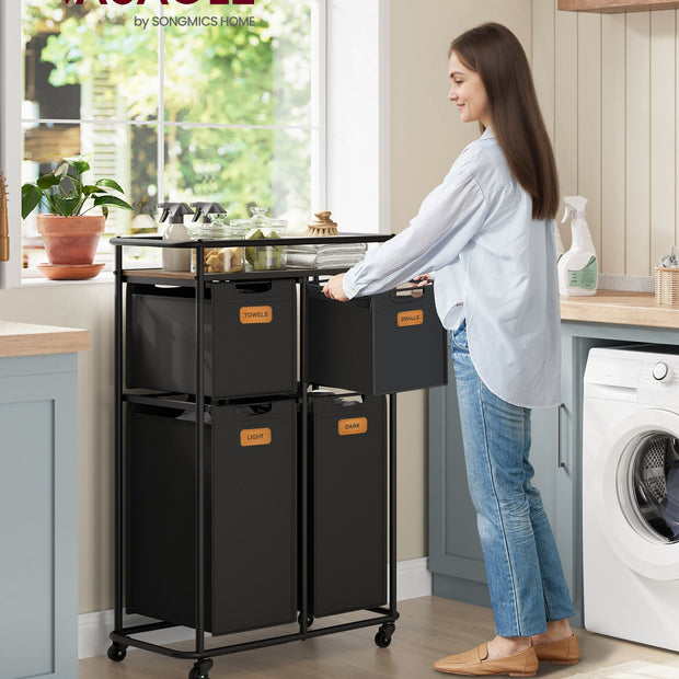 Tvättsorterare med hjul och 4 avtagbara påsar - Bläcksvart rödbrun