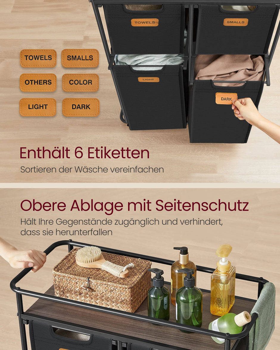 Tvättsorterare med hjul och 4 avtagbara påsar - Bläcksvart rödbrun