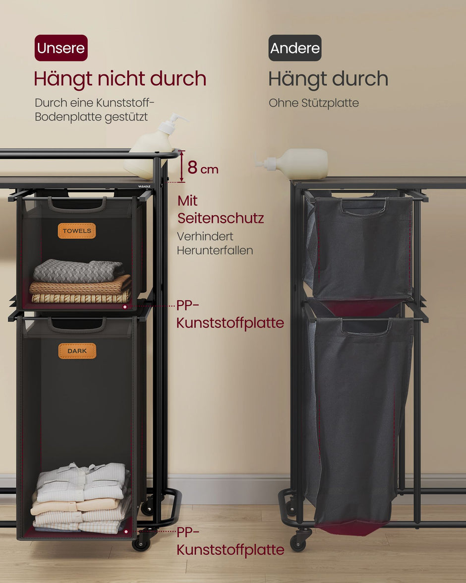 Tvättsorterare med hjul och 4 avtagbara påsar - Bläcksvart rödbrun