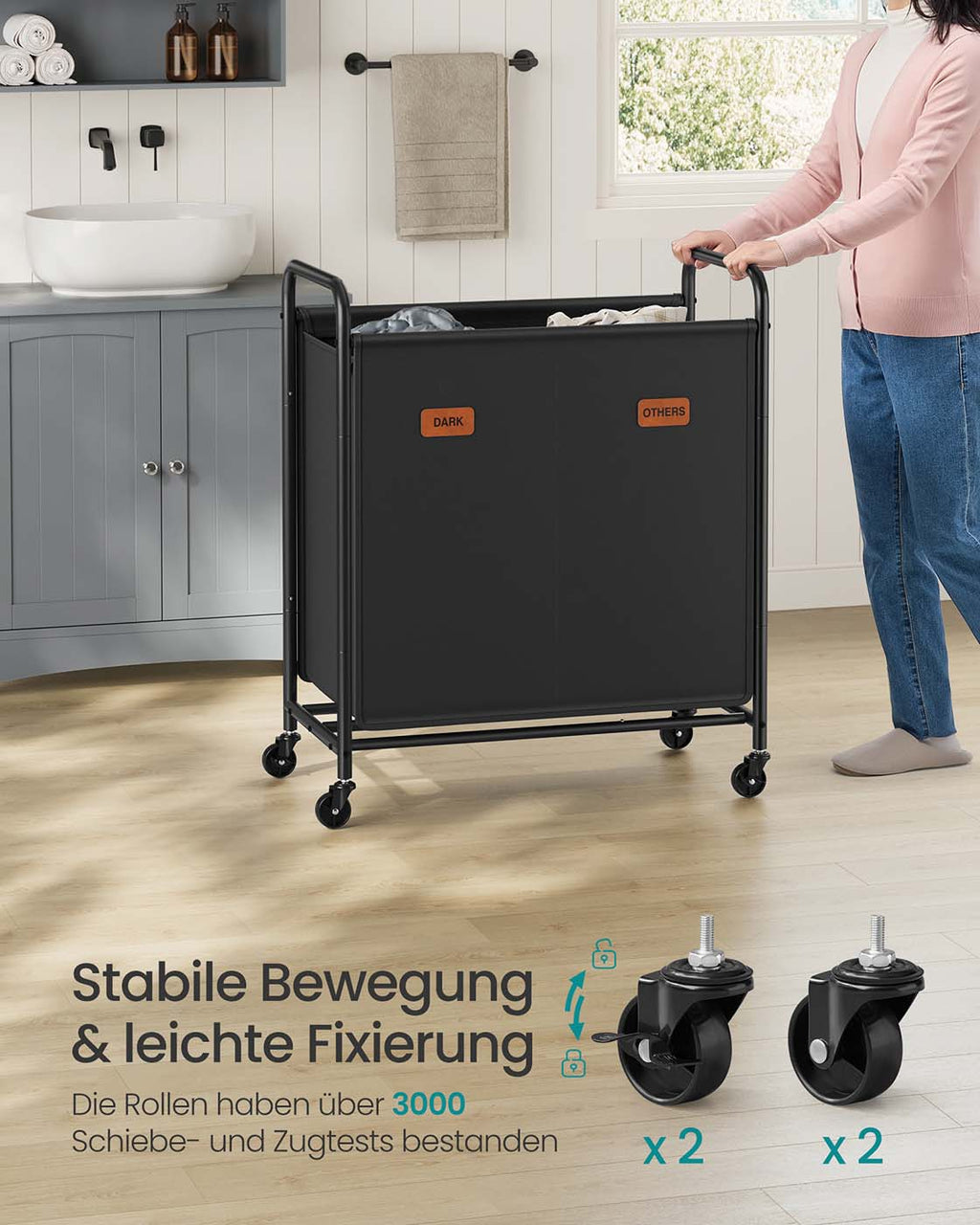 Tvättkorg 140 L med hjul och 2 fack bläck