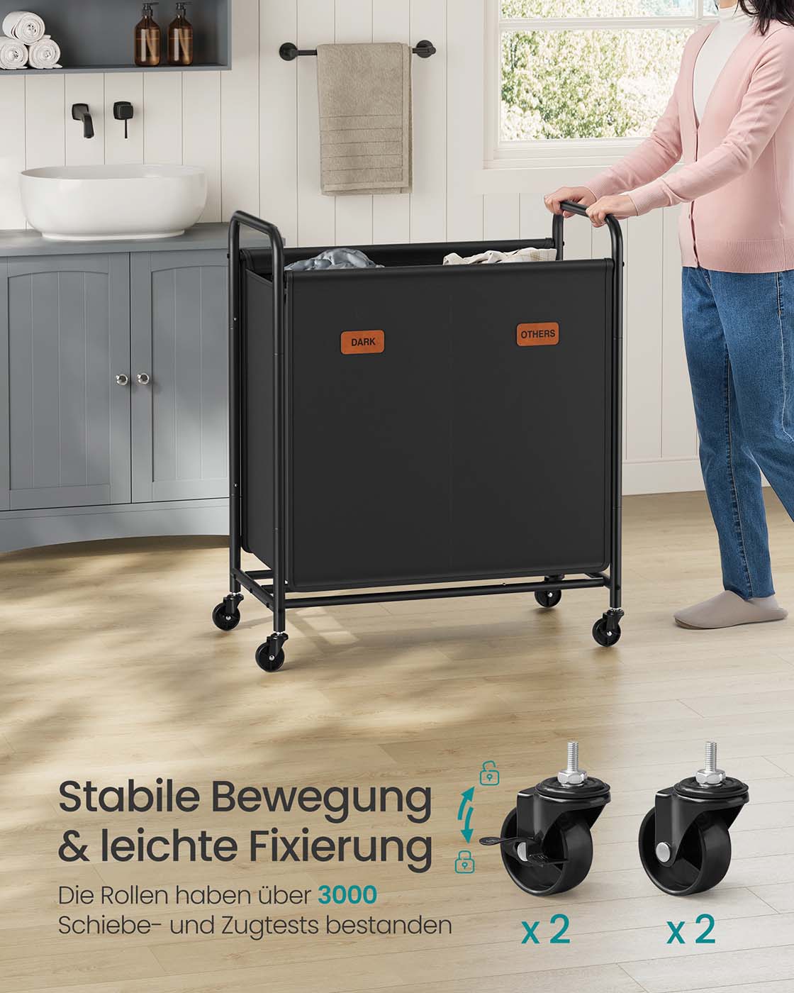 Tvättkorg 140 L med hjul och 2 fack bläck