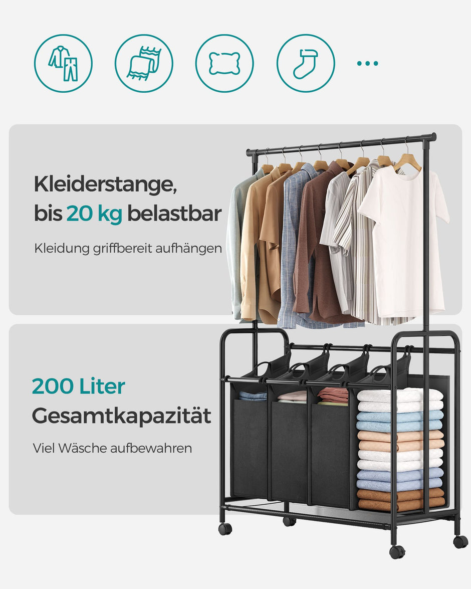 Tvättkorg – 4 x 50 liter – med avtagbar tvättpåse – svart