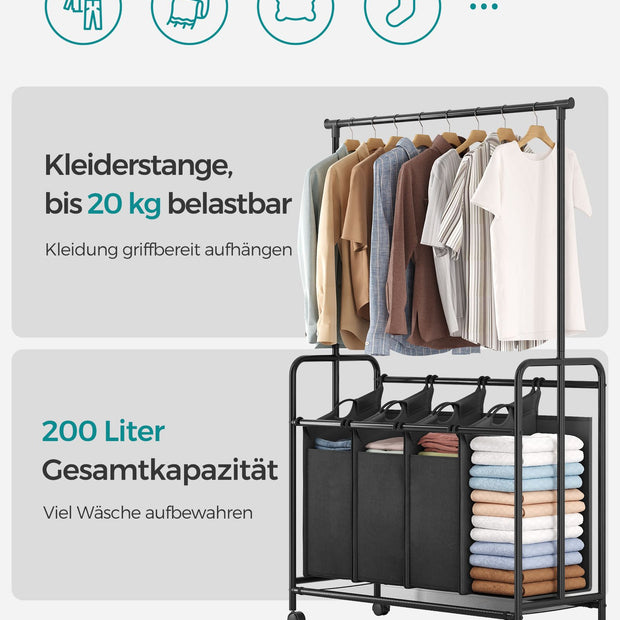 Tvättkorg – 4 x 50 liter – med avtagbar tvättpåse – svart