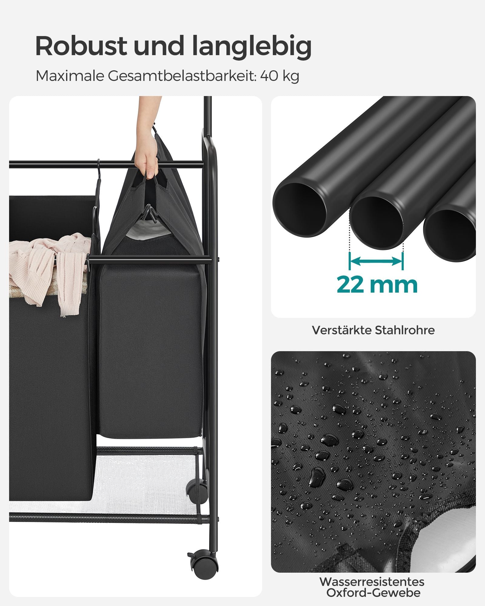 Tvättkorg – 4 x 50 liter – med avtagbar tvättpåse – svart