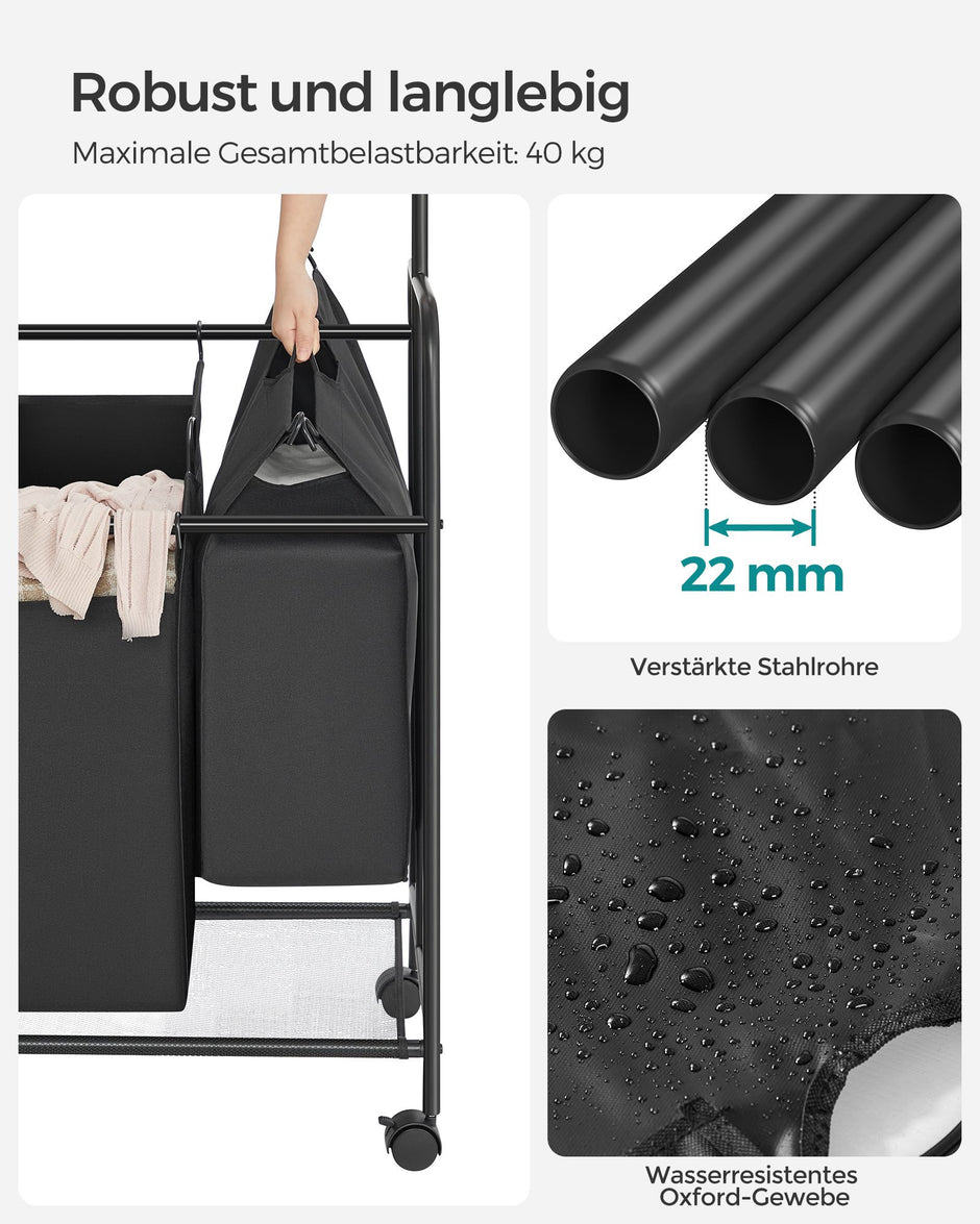 Tvättkorg – 4 x 50 liter – med avtagbar tvättpåse – svart