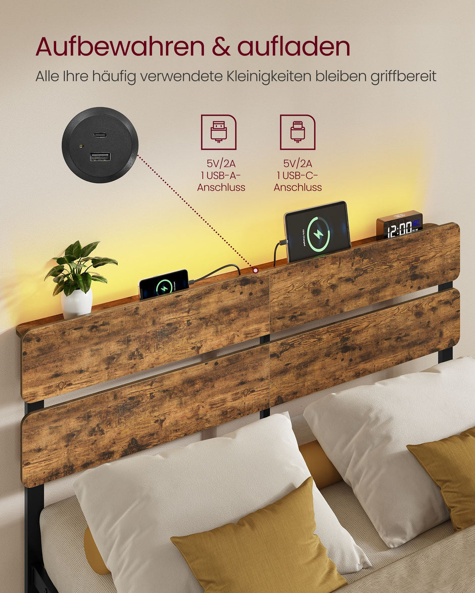 Bedframe 140 x 200 cm – LED-Verlichting en USB-Aansluitingen – Opbergruimte – Metaal – Vintage Bruin en Zwart