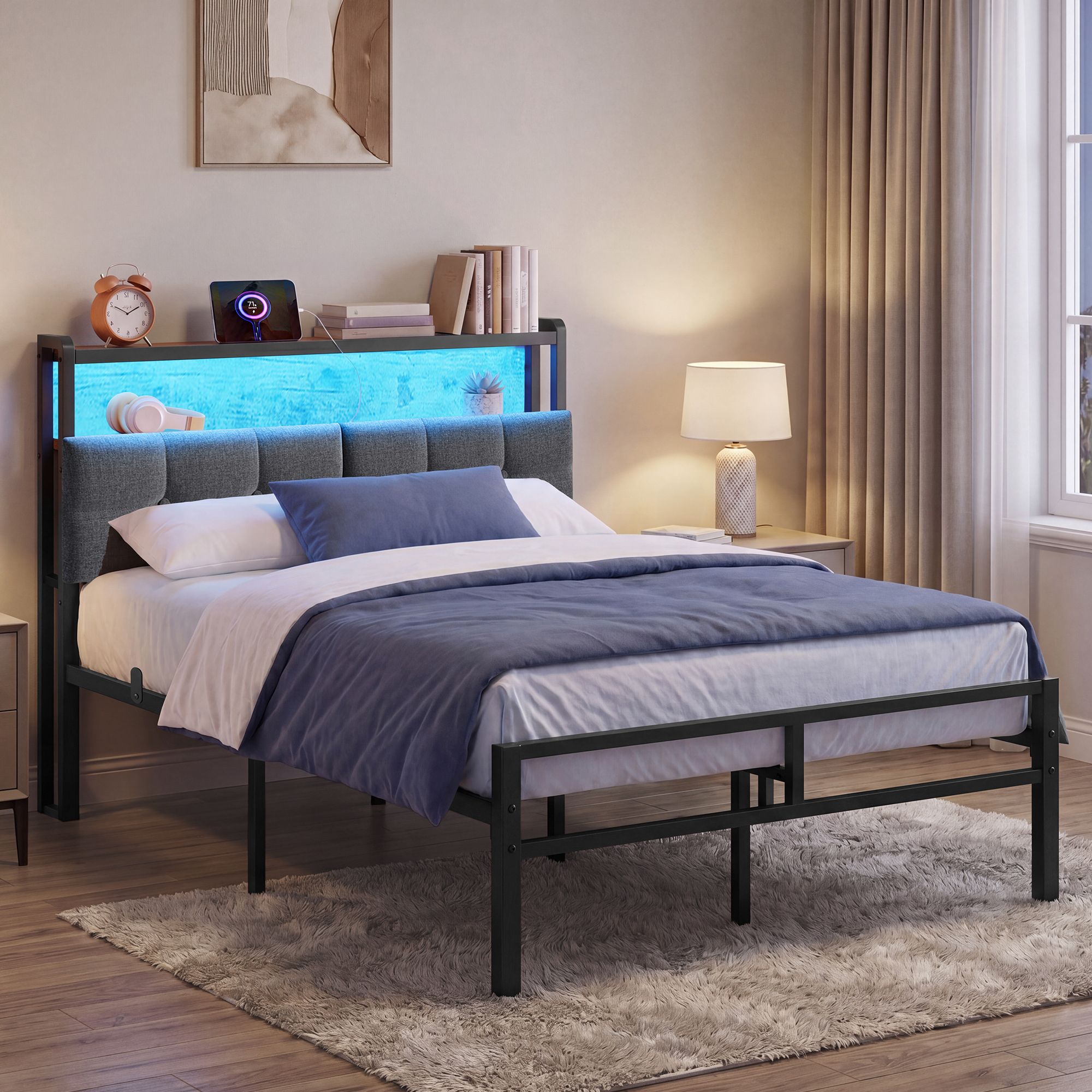 Metalen Bed - 120 x 200 cm - Met Opbergruimte - Ledverlichting - Matzwart