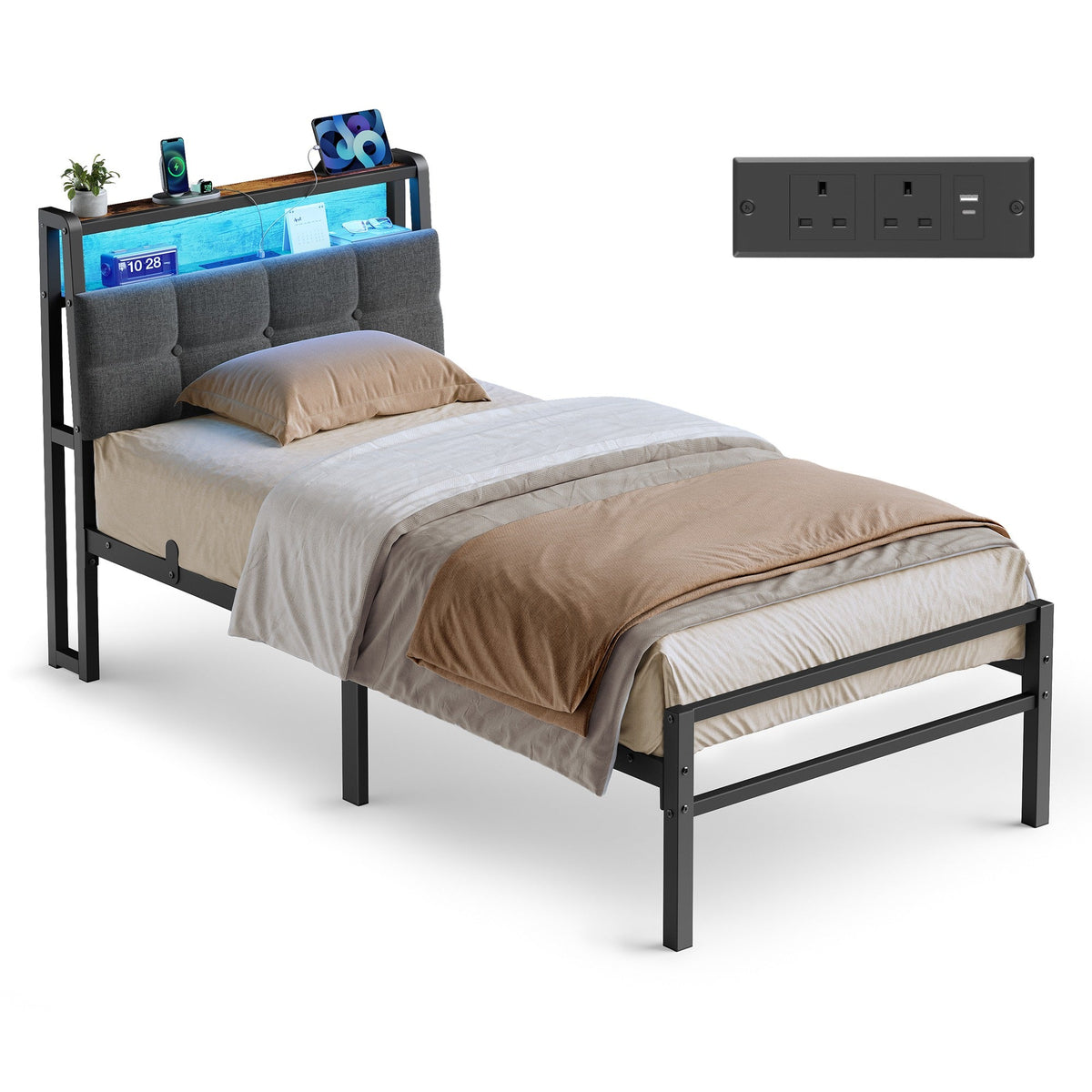 Bed Frame - Metal with LED and Charging Station