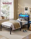 Metalen Bed - 90 x 200 cm - Met Opbergruimte - Ledverlichting - Matzwart