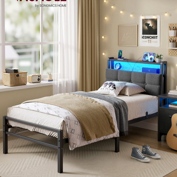 Metalen Bed - 90 x 200 cm - Met Opbergruimte - Ledverlichting - Matzwart