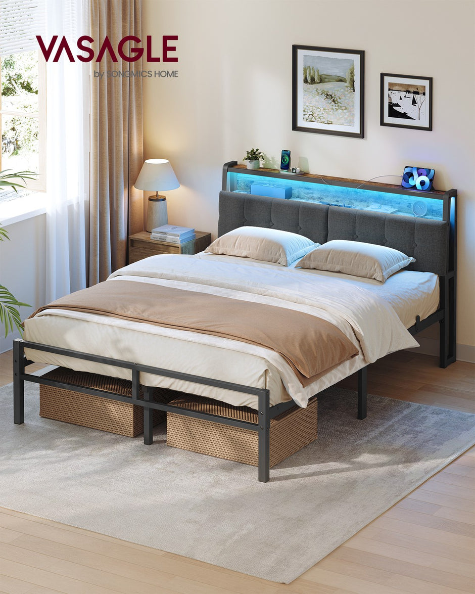 Metalen Bed - 140 x 200 cm - Met Opbergruimte - Ledverlichting - Matzwart