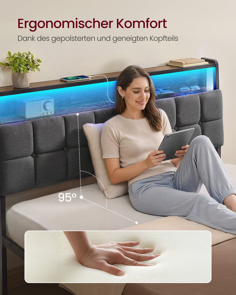 Metalen Bed - 140 x 200 cm - Met Opbergruimte - Ledverlichting - Matzwart