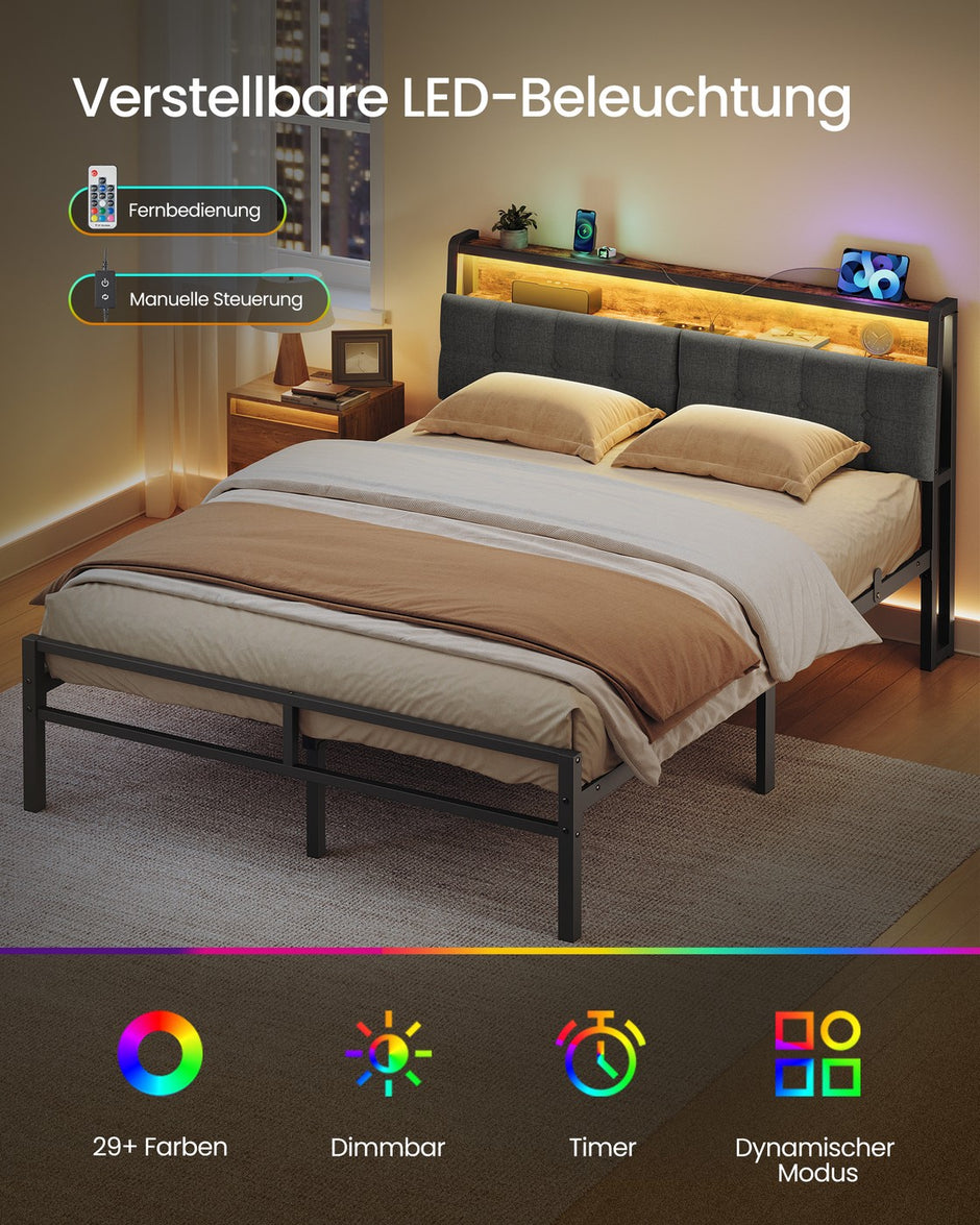 Metalen Bed - 140 x 200 cm - Met Opbergruimte - Ledverlichting - Matzwart