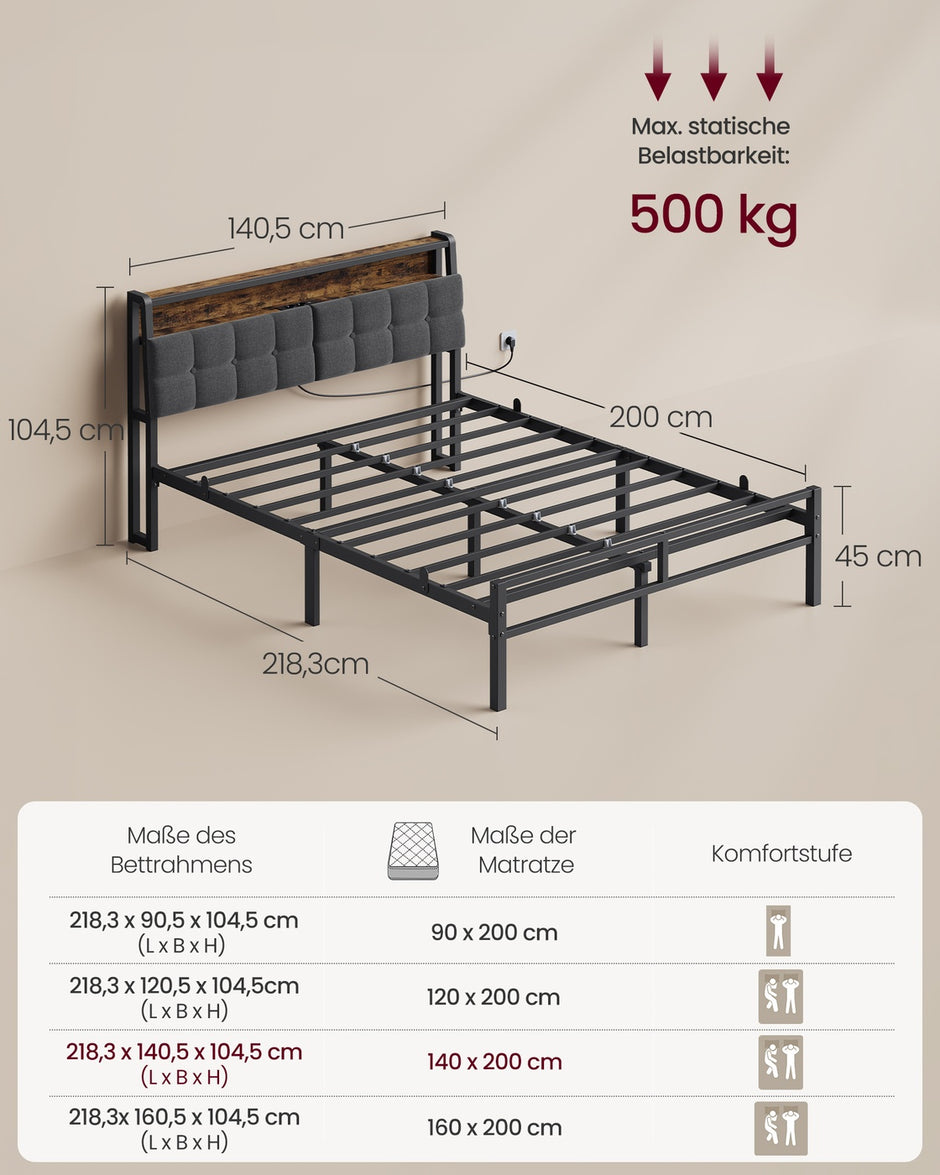Metalen Bed - 140 x 200 cm - Met Opbergruimte - Ledverlichting - Matzwart