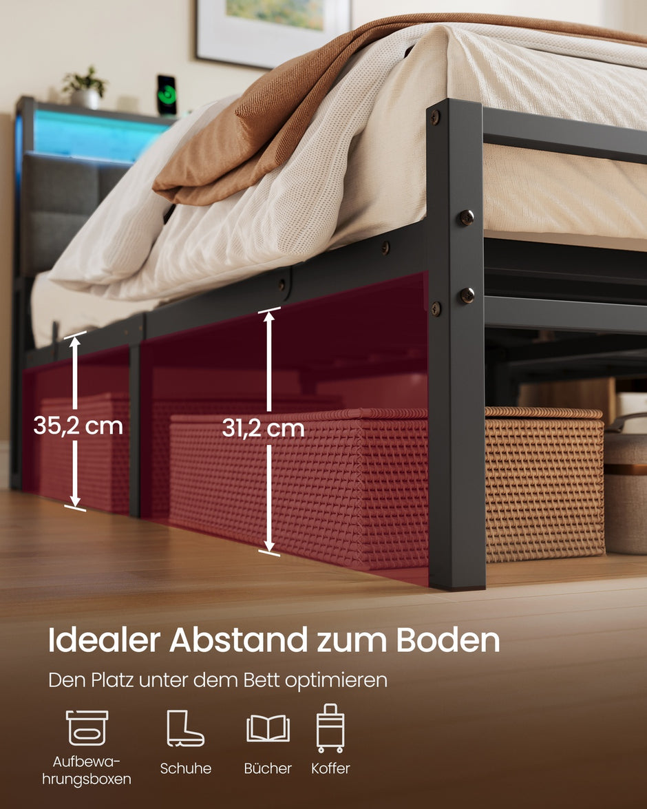 Metalen Bed - 140 x 200 cm - Met Opbergruimte - Ledverlichting - Matzwart